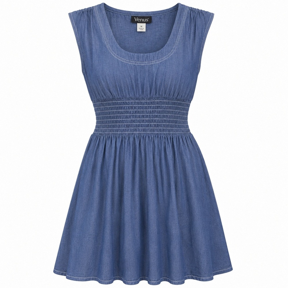 Venus Denim Dress Womens 6 Smocked Waist Casual Blue Cotton Chambray